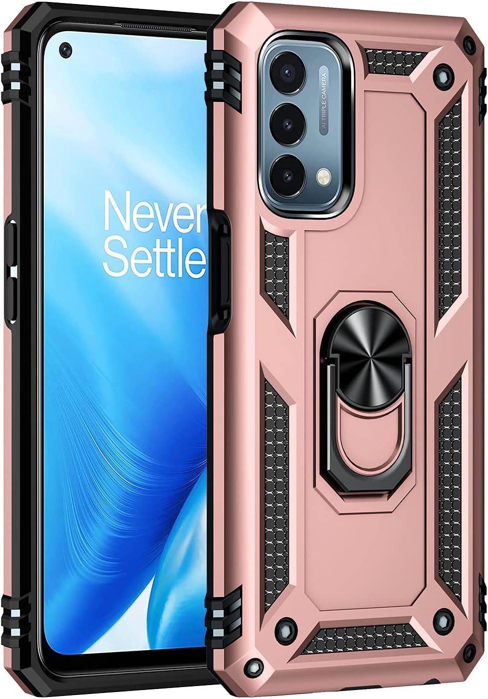 Military Grade Drop Impact for Oneplus Nord N200 5G Case Oneplus Nord N200 Case Metal Rotating Ring Kickstand Holder Armor Heavy Duty Shockproof for Oneplus Nord N200 5G Phone Case (Rose Gold)  Dionsibei   