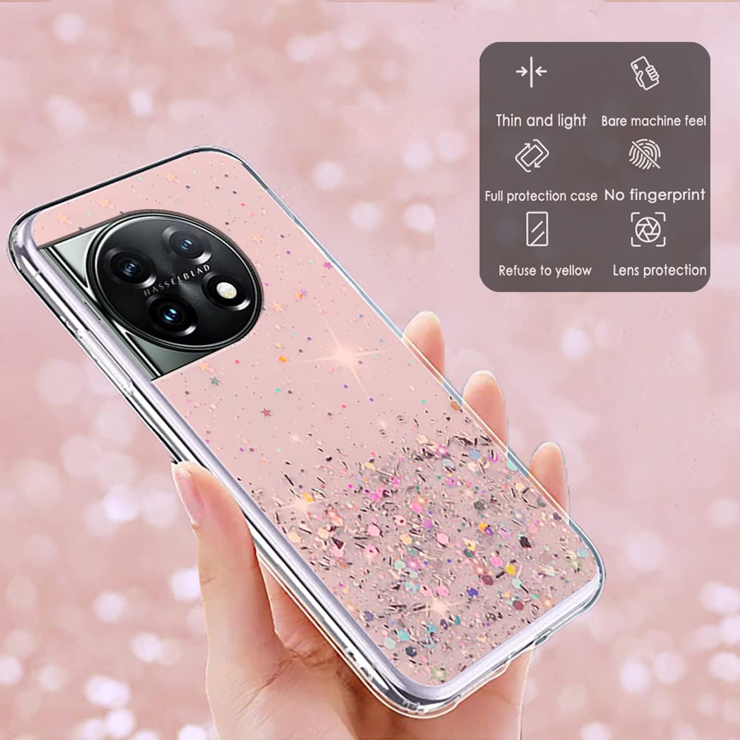 Compatible with Oneplus 11 Case Glitter Clear Green, Oneplus 11 Phone Case Silicone Transparent Soft TPU Women Girls Shockproof Protective Slim Cover (Pink)  Wousunly   