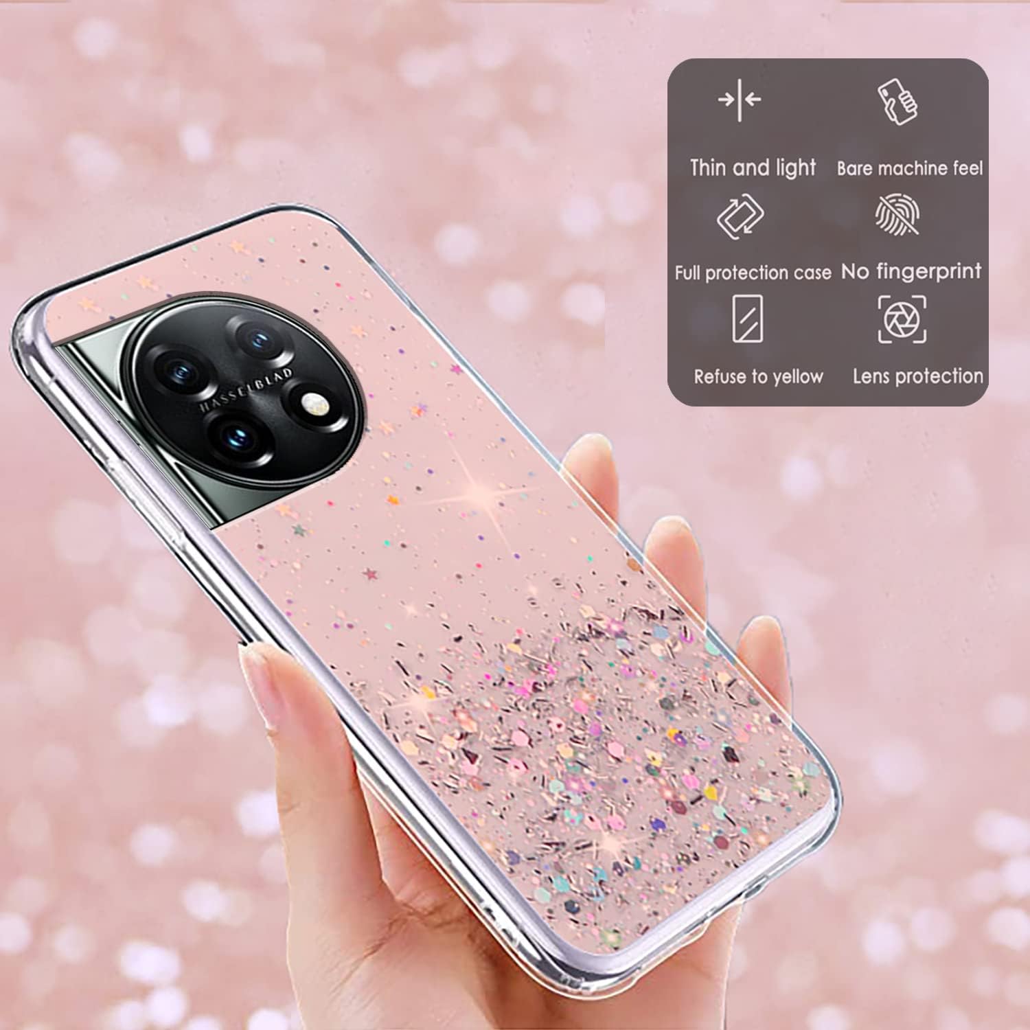 Compatible with Oneplus 11 Case Glitter Clear Green, Oneplus 11 Phone Case Silicone Transparent Soft TPU Women Girls Shockproof Protective Slim Cover (Pink)  Wousunly   