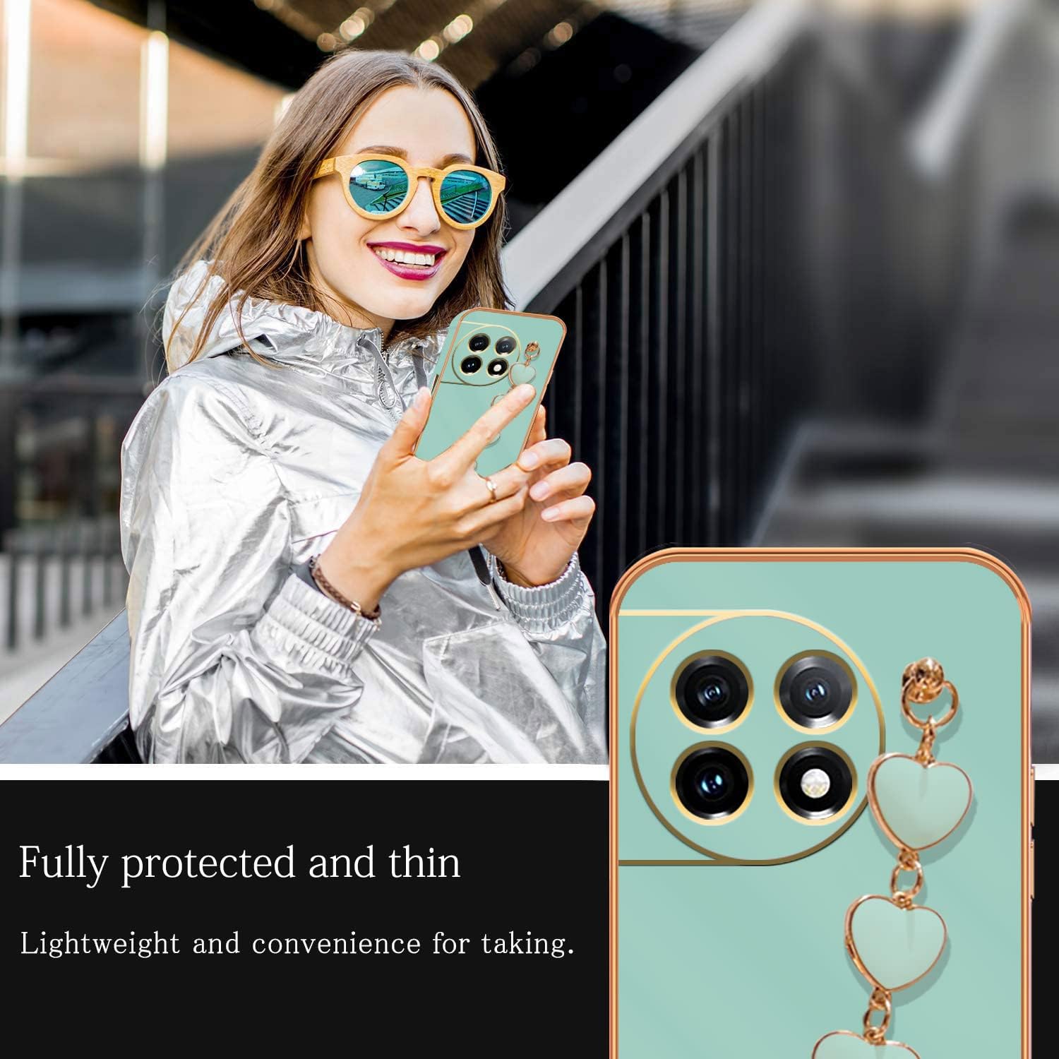 Jancyu Compatible with Oneplus 11 Case Silicone,Shockproof Phone Case for Oneplus11 with Strap Love Slim Protective Accessories Cute Cover for Women Girls (Green)  Jancyu   