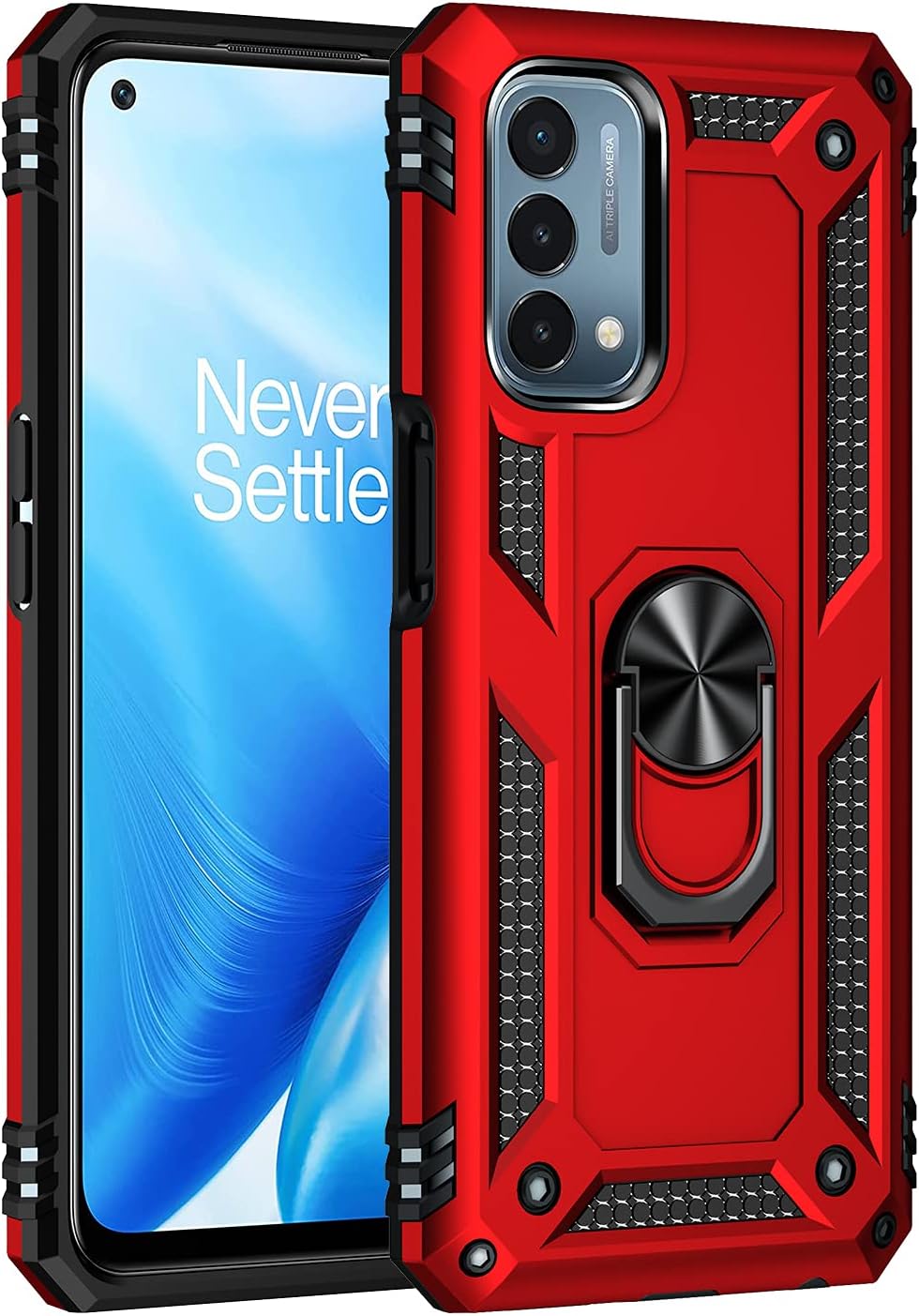 Military Grade Drop Impact for Oneplus Nord N200 5G Case Oneplus Nord N200 5G Case 360 Metal Rotating Ring Kickstand Holder Armor Heavy Duty Shockproof Case for Oneplus Nord N200 5G Phone Case (Red)  Dionsibei   