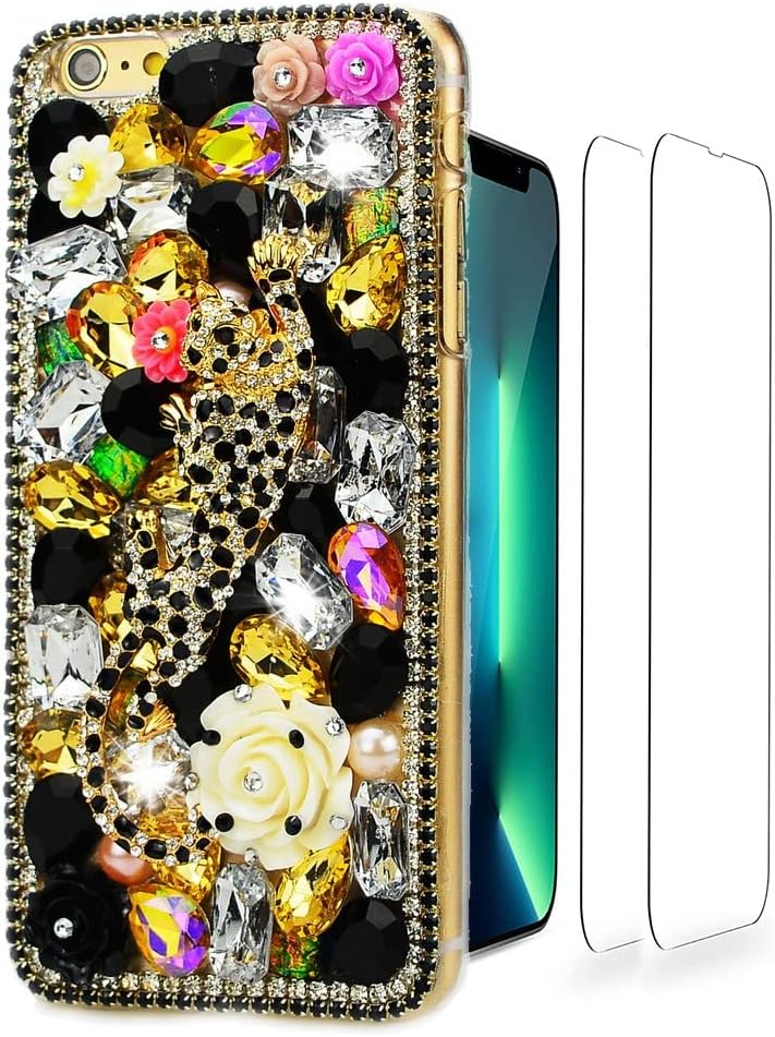 Luziun Glitter Design Phone Case Compatible with Oneplus Nord N200 5G - 3D Luxury Girls Women Shiny Bling Handcrafted Protective Cover with Screen Protector (2 Pack) - Butterfly Floral Flower  LUZiUN Gold Leopard Rose Flower - Case Design For Samsung Galaxy A03S 