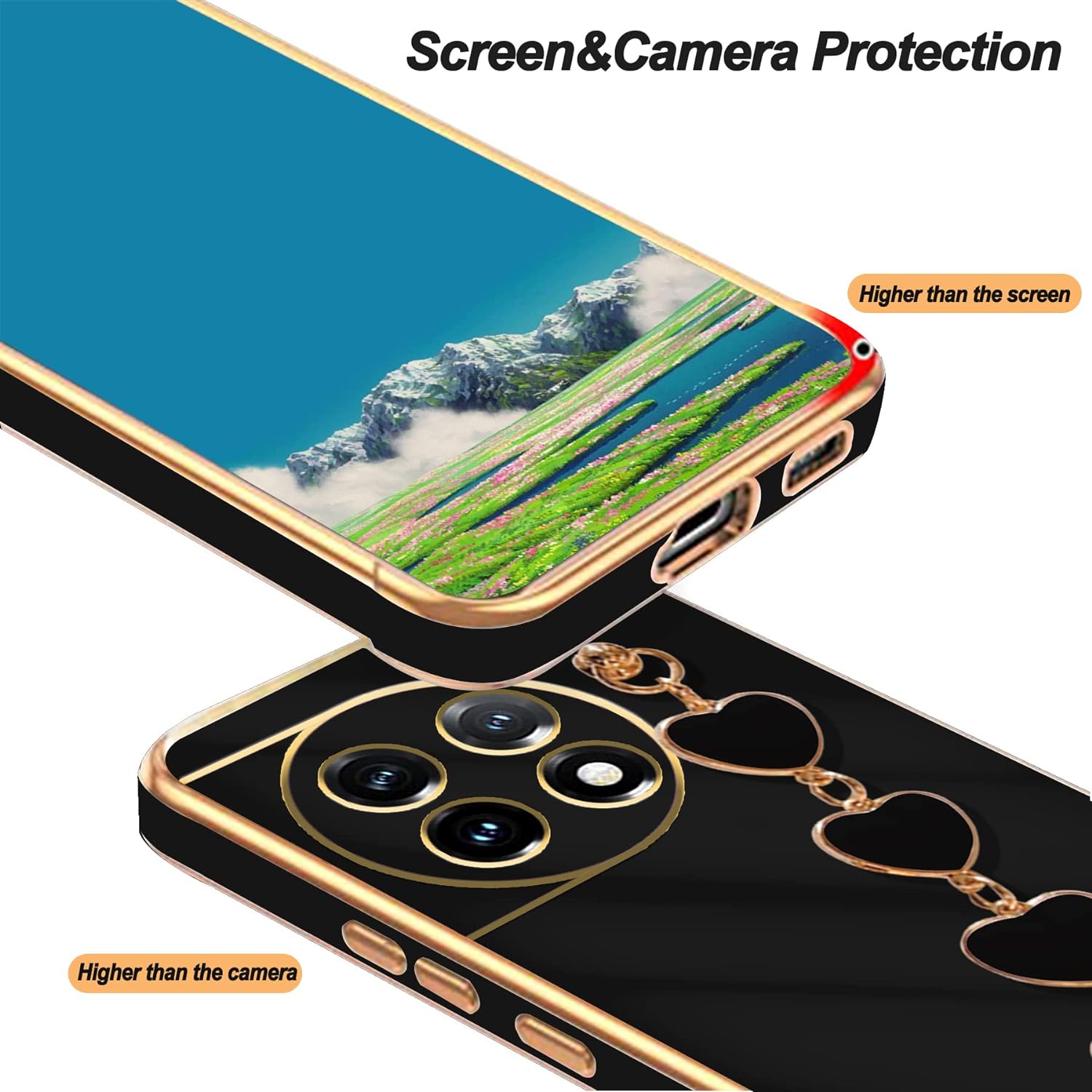 Jancyu Compatible with Oneplus 11 Case Silicone,Shockproof Phone Case for Oneplus11 with Strap Love Slim Protective Accessories Cute Cover for Women Girls (Black)  Jancyu   