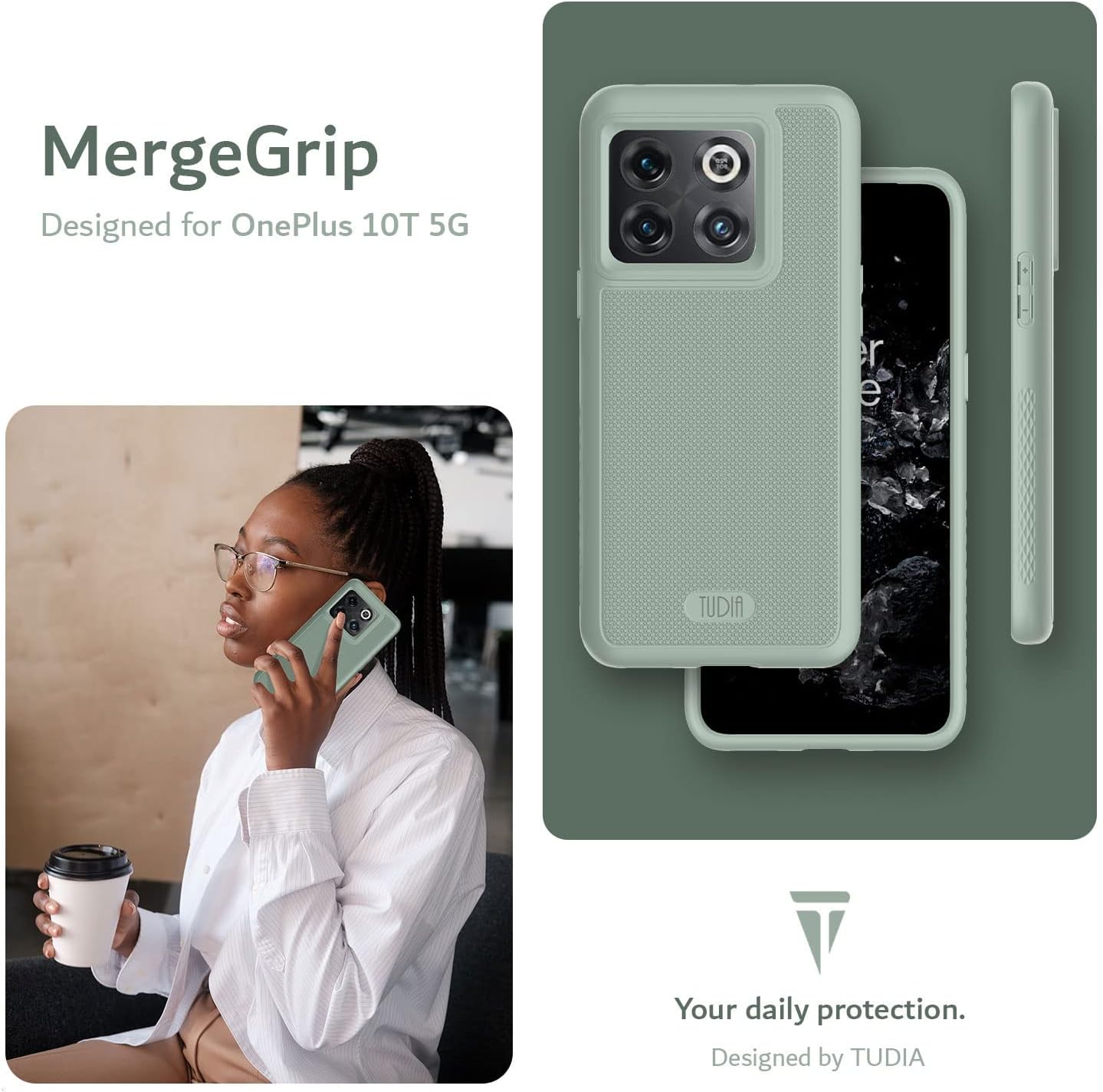 TUDIA Dualshield Grip Designed for Oneplus10T Case 5G, [Mergegrip] Shockproof Military Grade Slim Dual Layer Protection for Oneplus 10T 5G Case - Green Lily  TUDIA   
