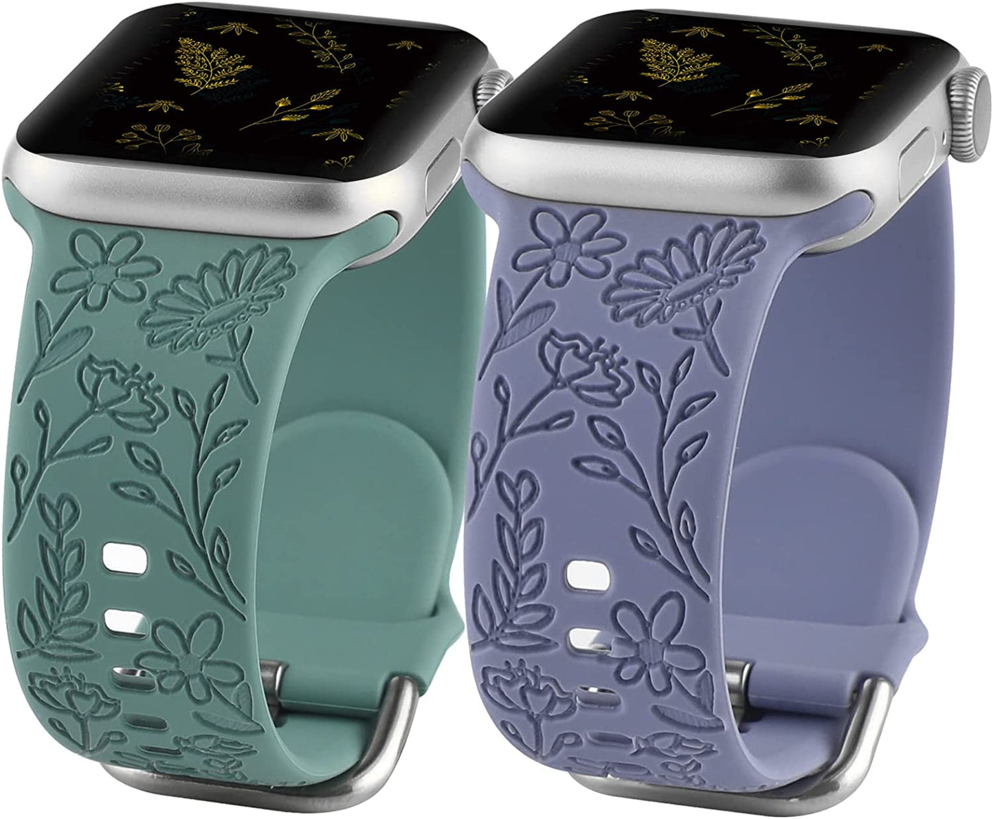 2 Pack Flower Engraved Sport Strap Compatible with Apple Watch Bands 38Mm 40Mm 41Mm, Women Floral Laser Soft Silicone Wristband Replacement Iwatch Series 8 7 6 5 4 3 2 1 SE  TERKOWQI Green Blue 38/40/41mm 