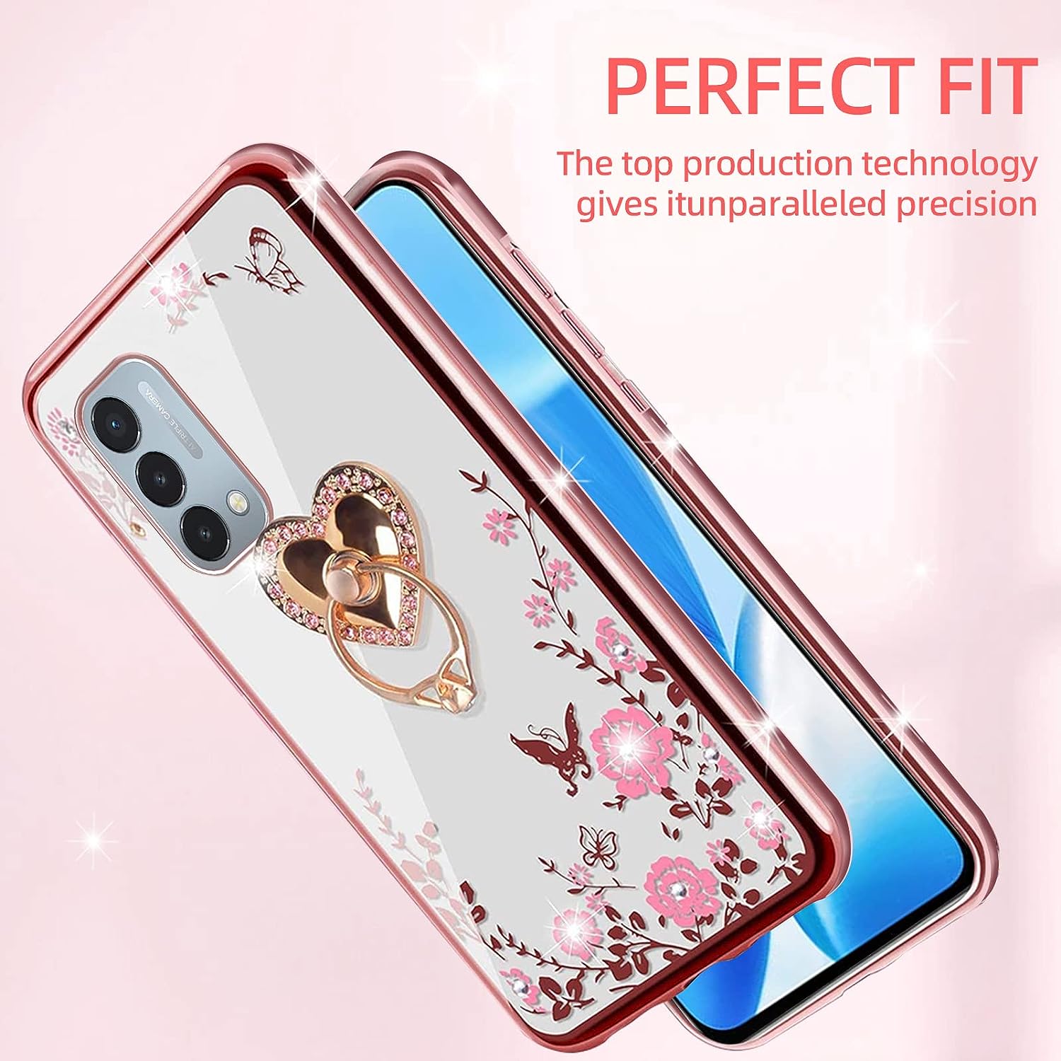 Kudini for Oneplus Nord N200 5G Case for Women Glitter Crystal Soft TPU Bling Cute Butterfly Heart Floral Clear Protective Cover with Ring Kickstand+Strap for Oneplus Nord N200 5G (Rose Gold)  KuDiNi   