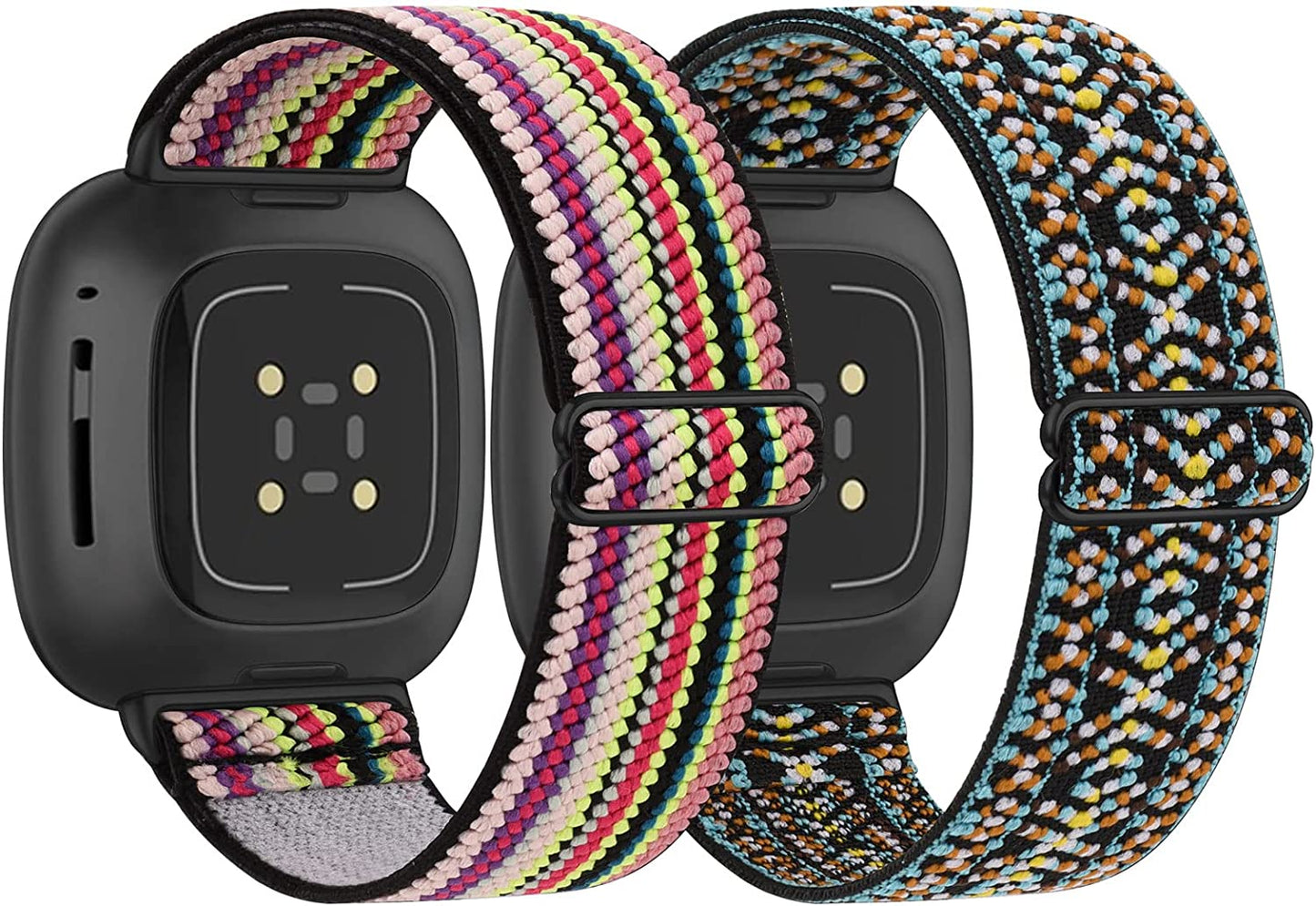 2 Pack Elastic Nylon Bands Compatible with Fitbit Versa 3/Fitbit Sense Women, Adjustable Stretchy Breathable Sport Wristband  YILED Aztec Style Blue+Colorful  