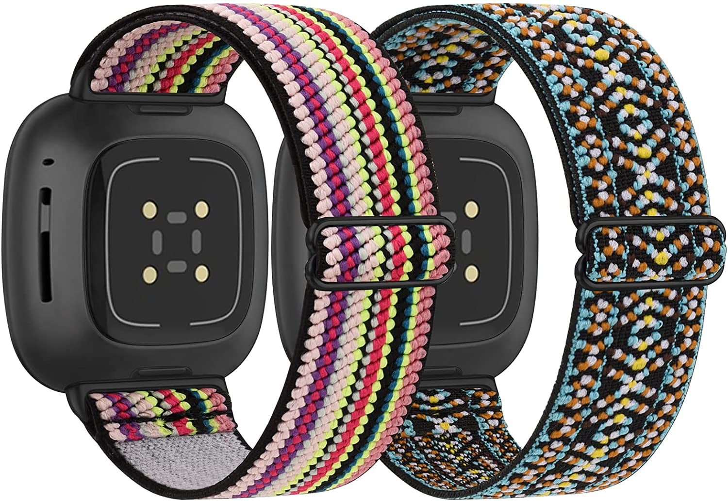 2 Pack Elastic Nylon Bands Compatible with Fitbit Versa 3/Fitbit Sense Women, Adjustable Stretchy Breathable Sport Wristband  YILED Aztec Style Blue+Colorful  