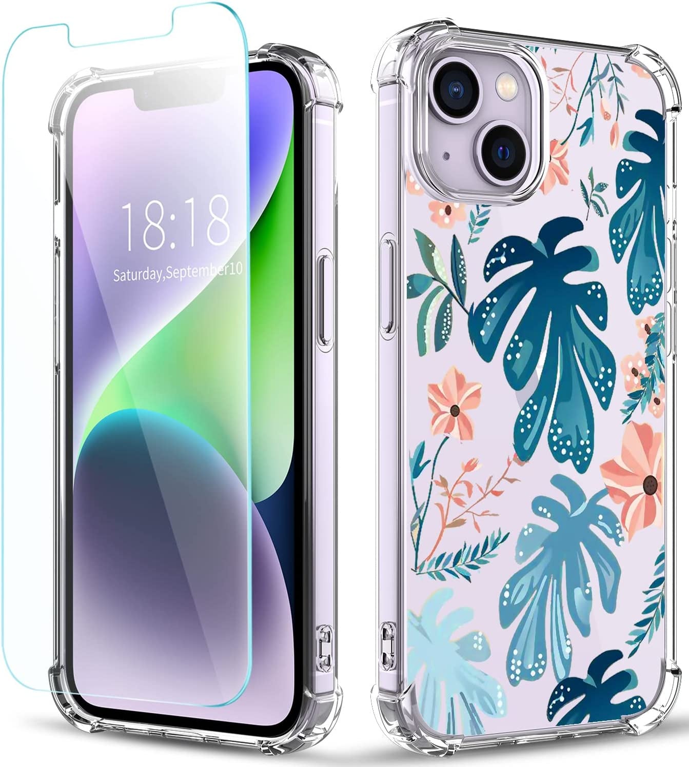 YOYORI Compatible with Iphone 14 Case with Screen Protector, Flower Pattern Design, Floral Clear Women Phone Case Shockproof Protective Soft TPU Bumper Cover 6.1 Inch 2022(Flowers and Plants)  YOYORI i14-11  