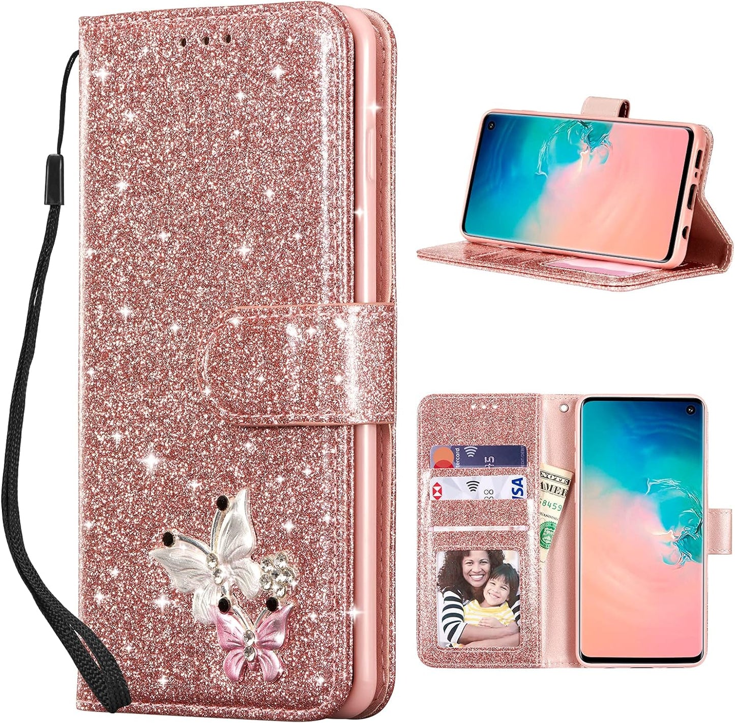 UEEBAI Wallet Case for Samsung Galaxy A53 5G, Premium Glitter PU Leather Phone Case Card Slots Kickstand Case Magnetic Closure Bling Handbag Case Shockproof Hand Strap Flip Cover - Glitter Purple  UEEBAI Rose Gold Samsung Galaxy S10 Plus 