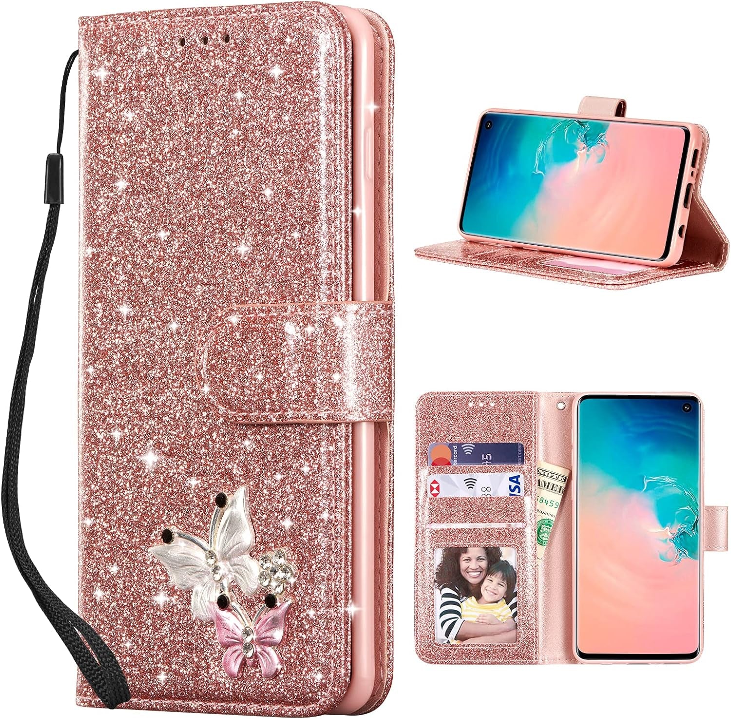 UEEBAI Wallet Case for Samsung Galaxy A53 5G, Premium Glitter PU Leather Phone Case Card Slots Kickstand Case Magnetic Closure Bling Handbag Case Shockproof Hand Strap Flip Cover - Glitter Purple  UEEBAI Rose Gold Samsung Galaxy S10 Plus 