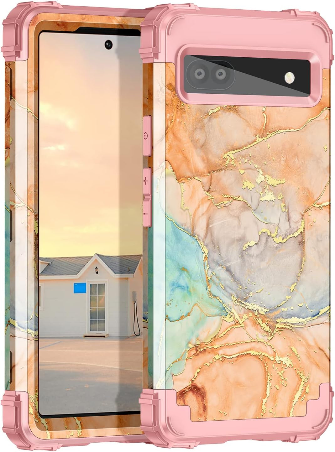 Hekodonk Google Pixel 6A Case (2022) - Heavy Duty Shockproof Hybrid Protection, Hard Plastic & Silicone Rubber, 3-In-1 Drop Protective - Blue Golden  Hekodonk Orange Marble  