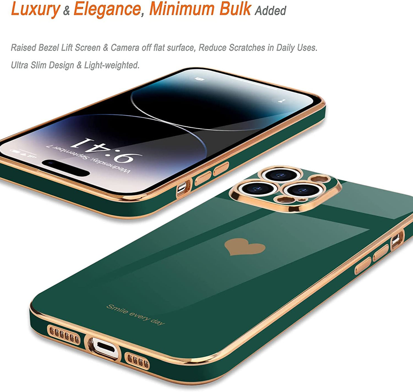 Teageo Iphone 14 Pro Case - Luxury Love Heart Design, Bling Back Cover, Camera Protection, Shockproof, Blackish Green  janzee   