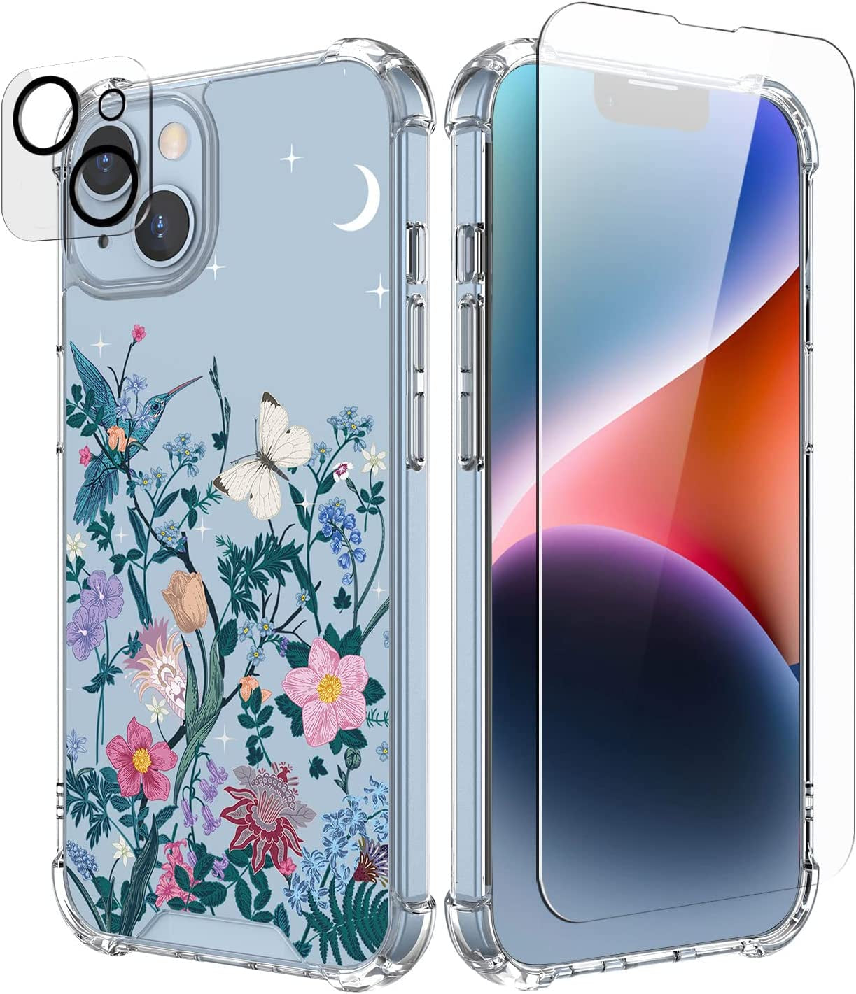Cutebe [3 in 1 Crystal Phone Case for Iphone 13(2021)/Iphone 14(2022) 6.1", Cute Protective Cover with 9H Temper Glass Screen Protector + HD Temper Camera Lens Protector for Women, Girls  Cutebe Night Flower iPhone 13/14 Case 6.1 Inch 