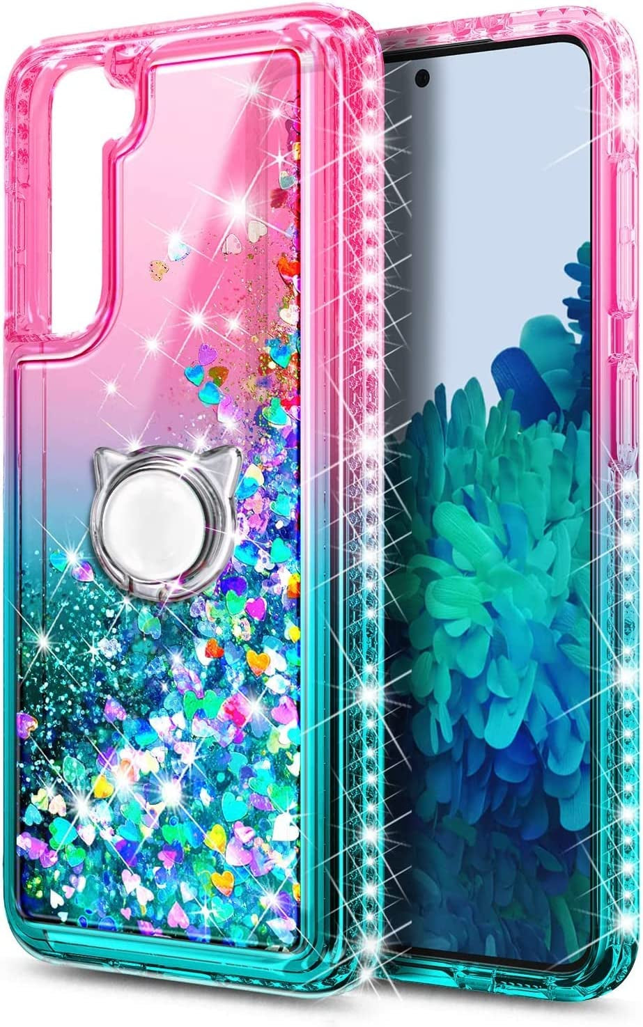 NGB Case for Samsung Galaxy S21 plus with Screen Protector (Maximum Coverage, Flexible TPU Film), Ring Holder, Girls Women Liquid Bling Sparkle Fashion Glitter Clear Cute Case (Pink/Aqua)  NGB   