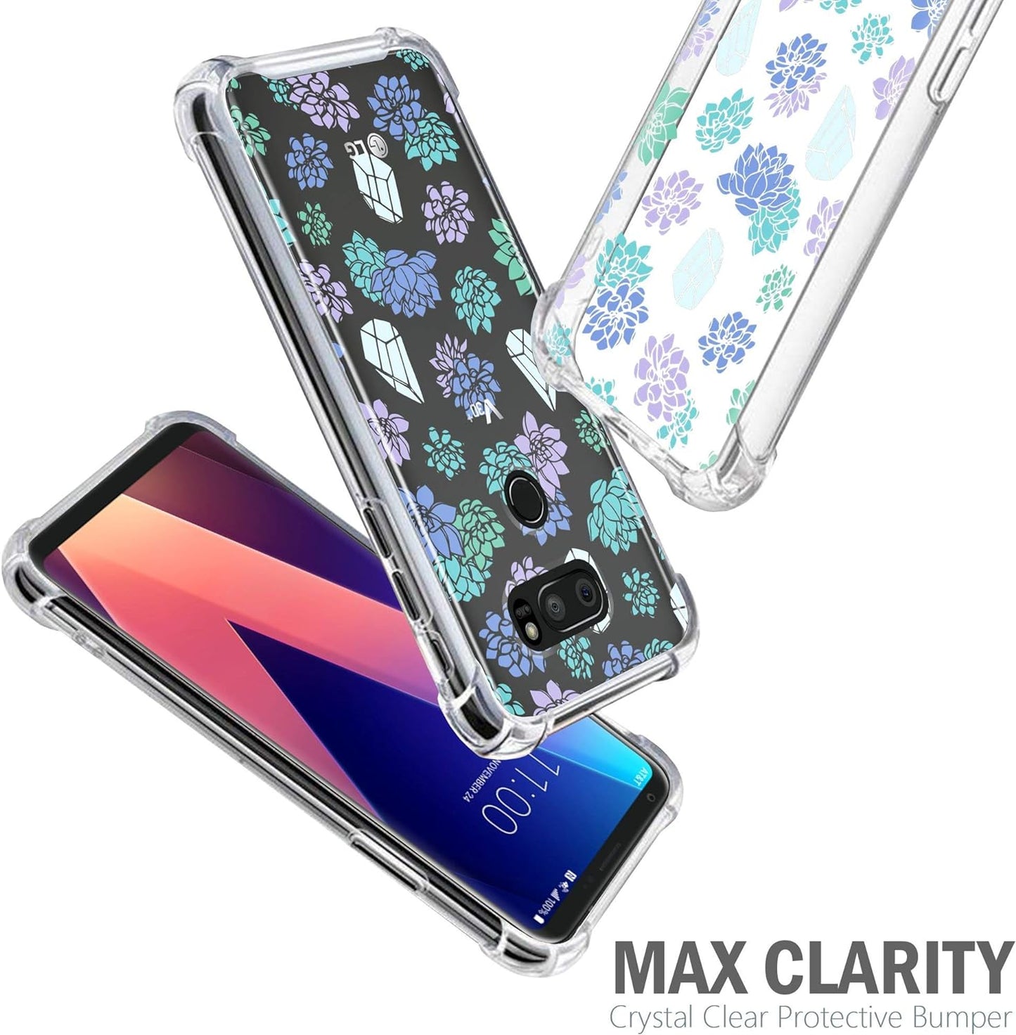 Casesondeck Crystal Case Compatible with [LG V30S Thinq and LG V30] Thin Slim Anti-Slip Grip Case with Bumper Edges Hard Back (Cactus Gems)  CasesonDeck   