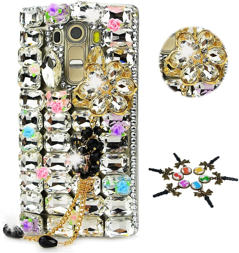 STENES LG G7 Case, LG G7 Thinq Case - STYLISH - 100+ Bling Crystal - 3D Handmade Bling Big Crown Sexy Lips Rose Flowers Design Protective Cover Case for LG G7 Thinq - Black  STENES Big Flowers Pendant Flowers / White  