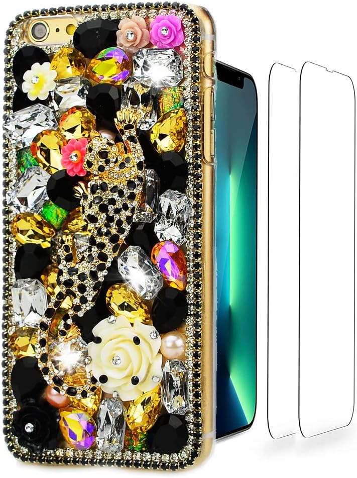 Luziun Glitter Design Phone Case Compatible with Oneplus Nord N200 5G - 3D Luxury Girls Women Shiny Bling Handcrafted Protective Cover with Screen Protector (2 Pack) - Butterfly Floral Flower  LUZiUN Gold Leopard Rose Flower - Case Design For Iphone Se 2022 