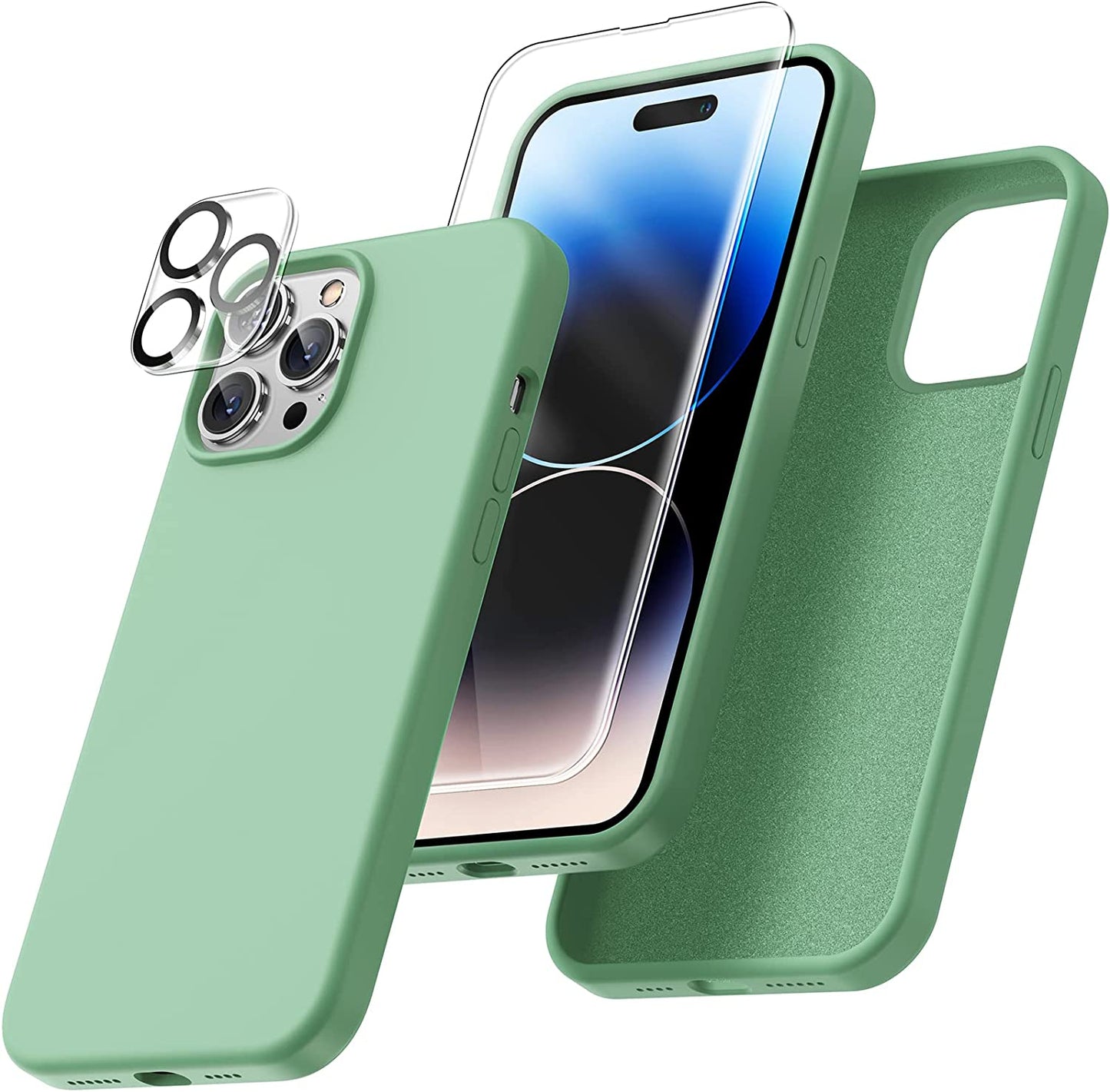 Uyiton [5 In1] Liquid Silicone Iphone 12 PRO Max Case, [Drop Protection] [Full Covered] Shockproof Slim Thin Cover with Microfiber Lining, with 2Xscreen Protector +2Xcamera Lens Protector-Green  Uyiton 14Pm-Pistachio Iphone 14 Pro Max 