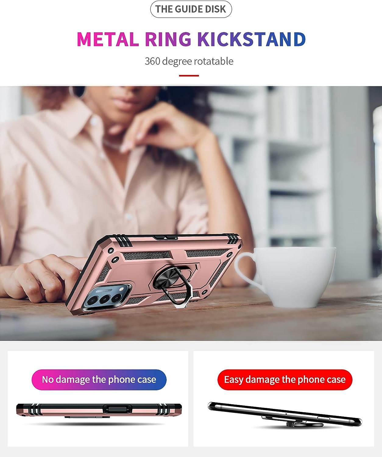 Military Grade Drop Impact for Oneplus Nord N200 5G Case Oneplus Nord N200 Case Metal Rotating Ring Kickstand Holder Armor Heavy Duty Shockproof for Oneplus Nord N200 5G Phone Case (Rose Gold)  Dionsibei   