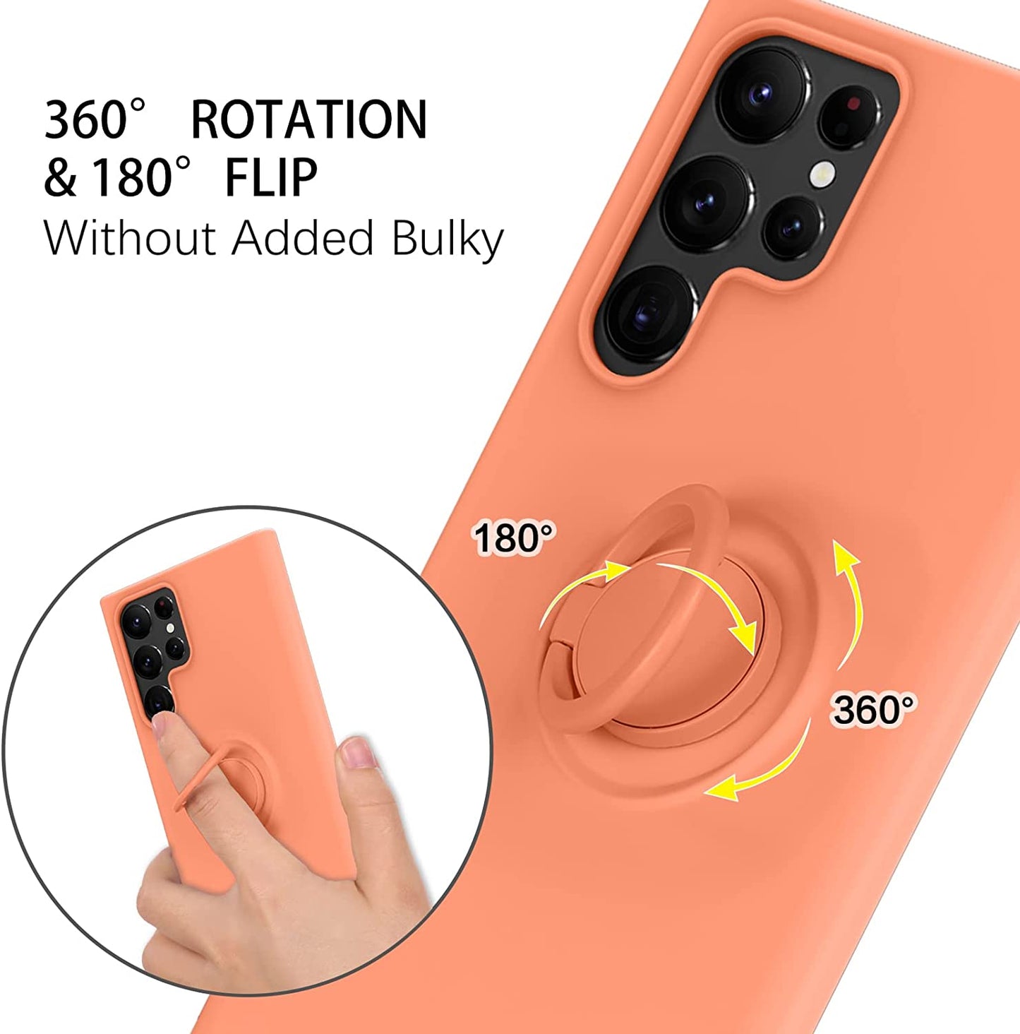 DUEDUE for Samsung Galaxy S22 Ultra 5G Case, Liquid Silicone Slim Soft Gel Rubber Cover with Ring Kickstand Car Mount Function Shockproof Protective Phone Case for Samsung S22 Ultra 6.8", Orange  DUEDUE   
