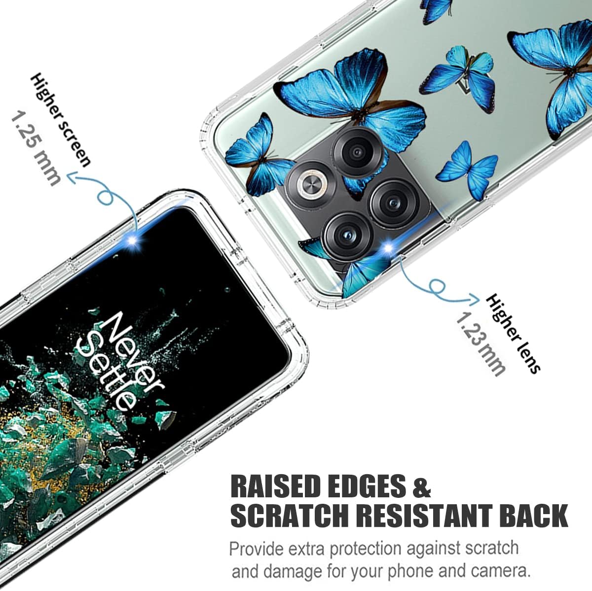 Ueokeird Case for Oneplus 10T 5G/Oneplus Ace Pro Case, CPH2415 Case with Tempered-Glass Screen Protector, Clear Butterfly Pattern Full Body Protective Phone Cover for Oneplus 10T 5G (Blue Butterfly)  Ueokeird   