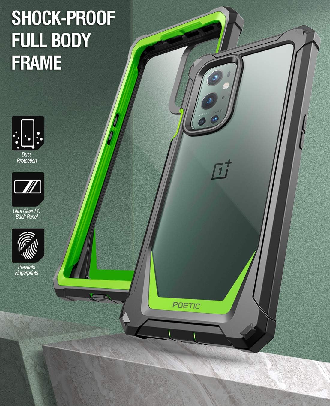 Poetic Guardian Case Designed for Oneplus 9 Pro 5G, Built-In Screen Protector Work with Fingerprint ID, Full Body Hybrid Shockproof Bumper Cover Case, Green/Clear  Poetic   