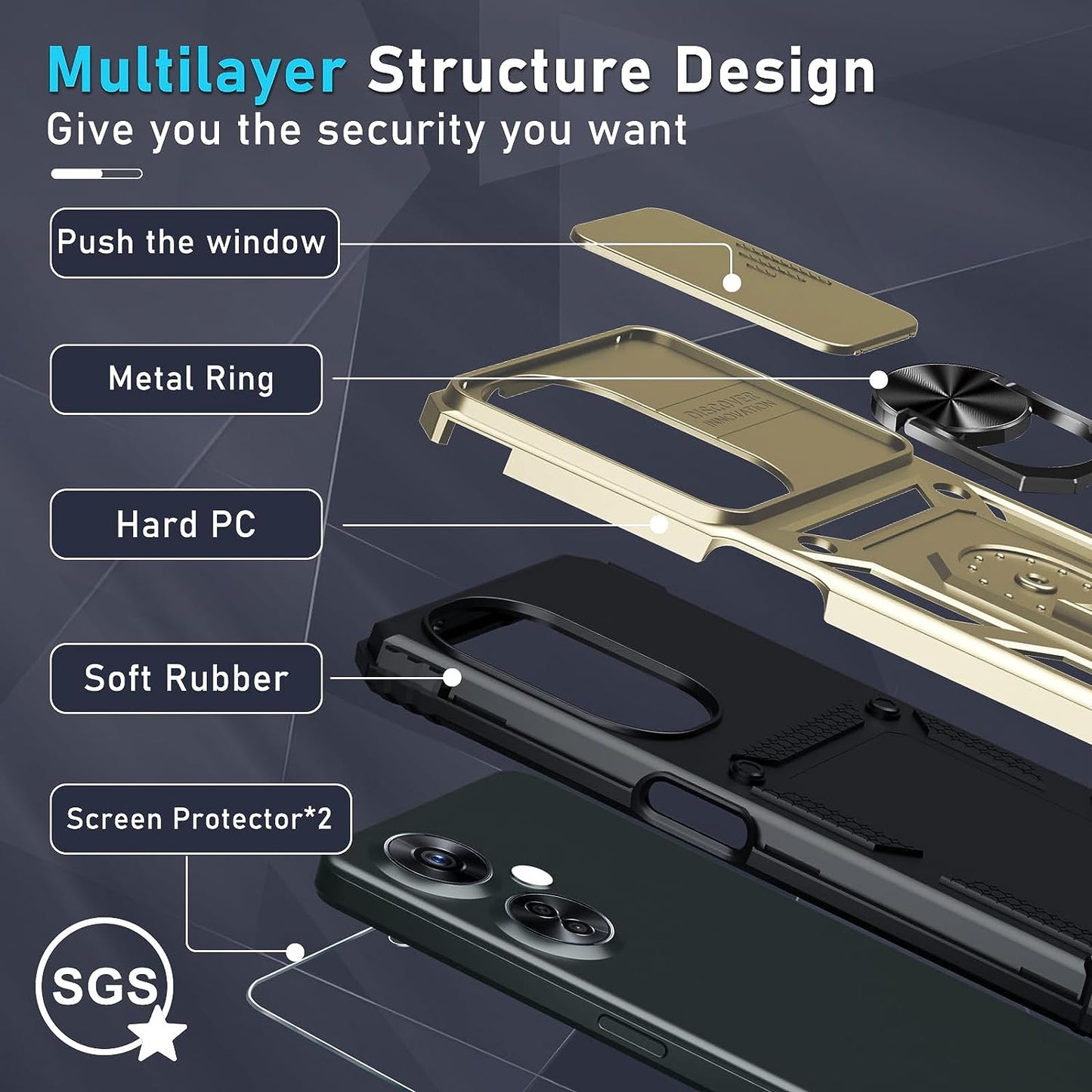 Janmitta Oneplus Nord N30 5G Case Built in Slide Camera Lens Cover+Screen Protector+Finger Ring Holder Kickstand,Heavy Duty Shockproof Full Body Protective Phone Cover,2023 Gold  Janmitta   