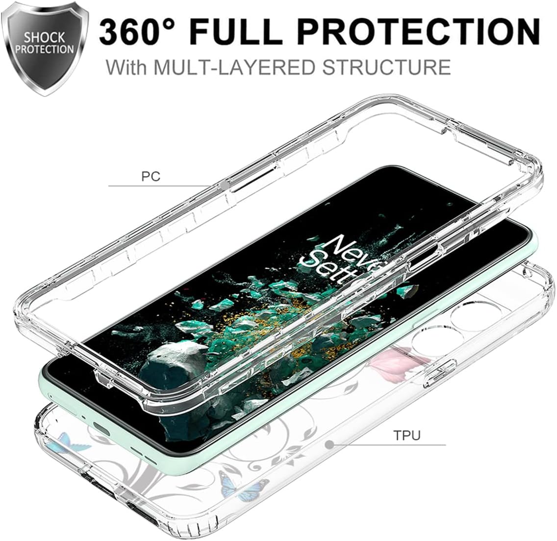 Ueokeird Case for Oneplus 10T 5G/Oneplus Ace Pro Case, CPH2415 Case with Tempered-Glass Screen Protector, Clear Butterfly Pattern Full Body Protective Phone Cover for Oneplus 10T 5G (Butterfly Tree)  Ueokeird   