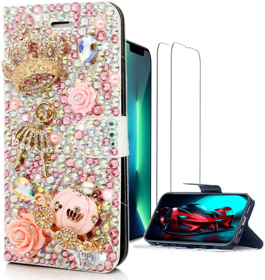 Luziun Glitter Design Phone Case Compatible with Oneplus Nord N200 5G - 3D Luxury Girls Women Shiny Bling Handcrafted Protective Cover with Screen Protector (2 Pack) - Butterfly Floral Flower  LUZiUN Pink Crown Ballet Girl Pumpkin Car - Wallet Case Design For Iphone Se 2022 