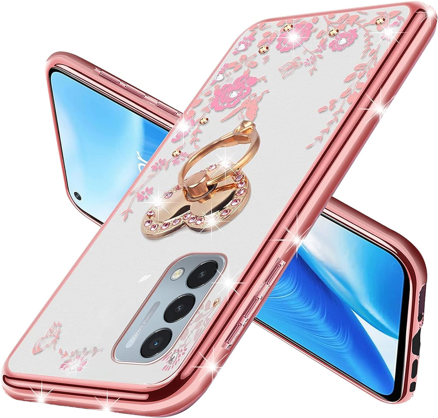 Kudini for Oneplus Nord N200 5G Case for Women Glitter Crystal Soft TPU Bling Cute Butterfly Heart Floral Clear Protective Cover with Ring Kickstand+Strap for Oneplus Nord N200 5G (Rose Gold)  KuDiNi   