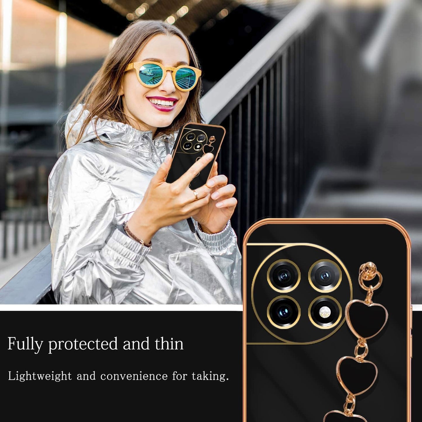 Jancyu Compatible with Oneplus 11 Case Silicone,Shockproof Phone Case for Oneplus11 with Strap Love Slim Protective Accessories Cute Cover for Women Girls (Black)  Jancyu   