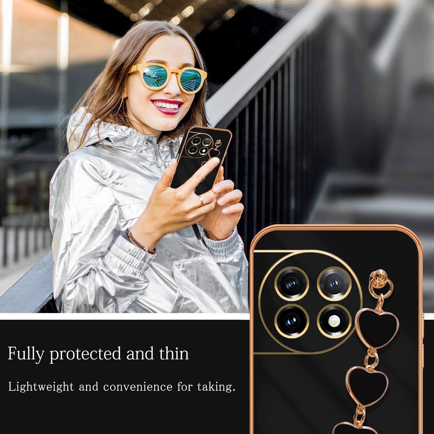 Jancyu Compatible with Oneplus 11 Case Silicone,Shockproof Phone Case for Oneplus11 with Strap Love Slim Protective Accessories Cute Cover for Women Girls (Black)  Jancyu   