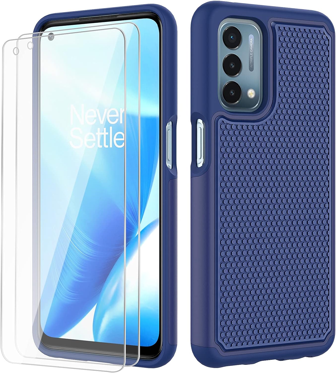 NTZW for Oneplus Nord N200 5G Case: Heavy Duty Shockproof Protective Phone Case [2 Tempered Glass Screen Protector] Anti-Slip Textured Hard Cover + Soft Silicone Bumper, Military Armor Case - Blue  yanshichuang Blue  