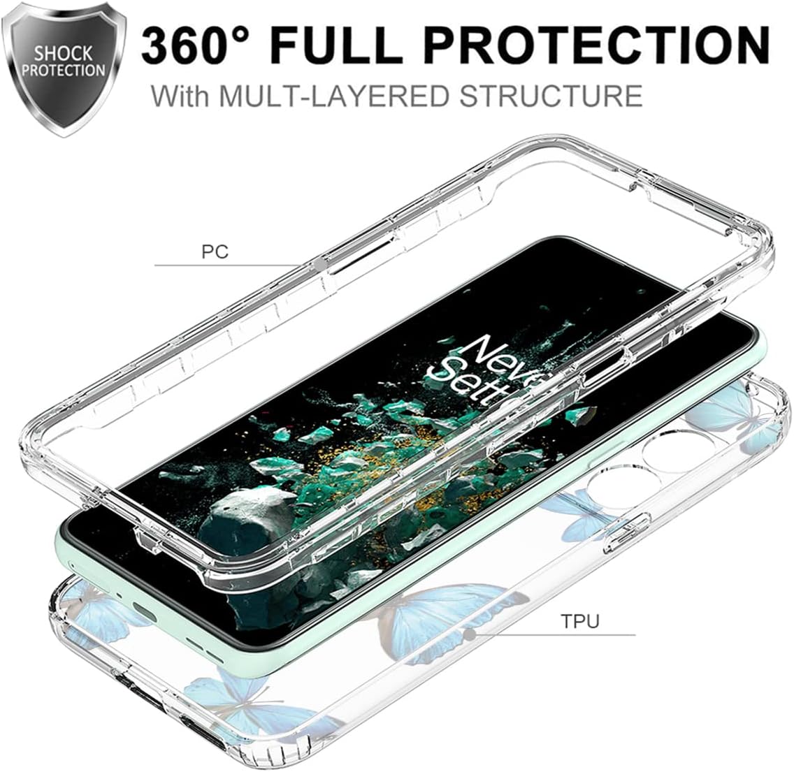 Ueokeird Case for Oneplus 10T 5G/Oneplus Ace Pro Case, CPH2415 Case with Tempered-Glass Screen Protector, Clear Butterfly Pattern Full Body Protective Phone Cover for Oneplus 10T 5G (Blue Butterfly)  Ueokeird   