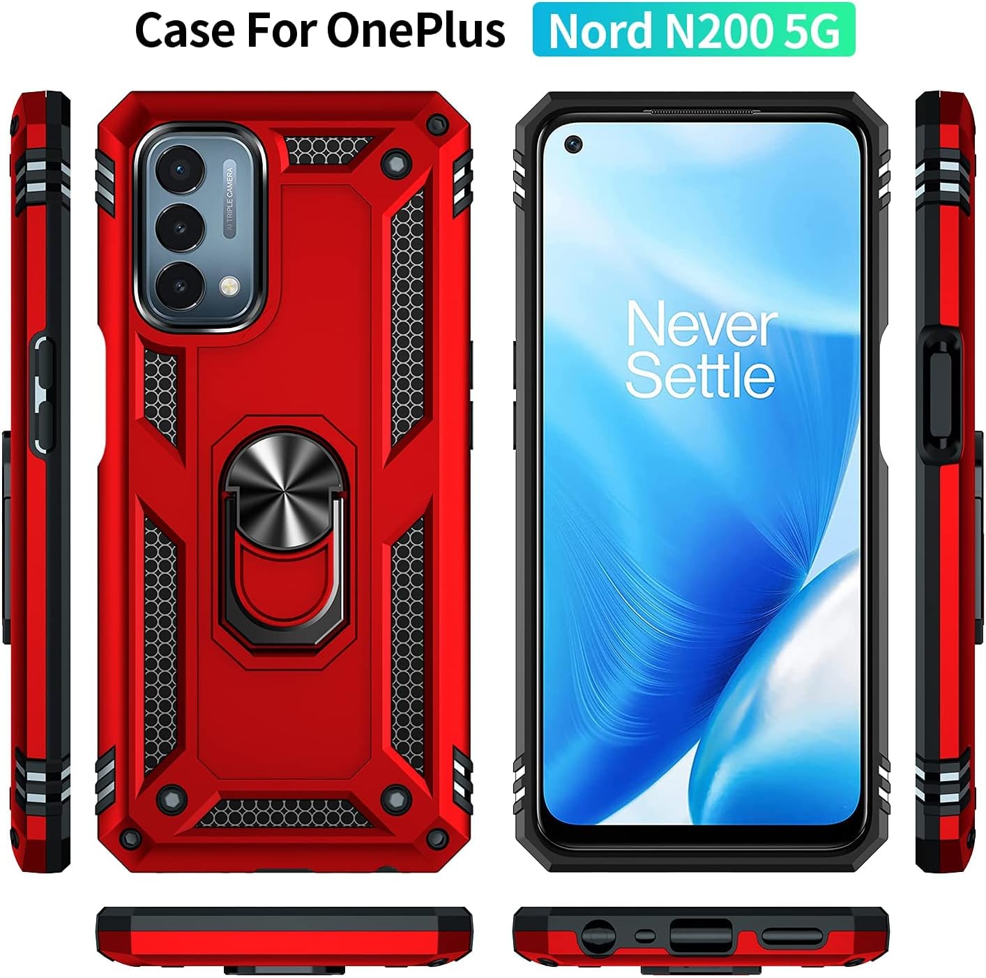 Military Grade Drop Impact for Oneplus Nord N200 5G Case Oneplus Nord N200 5G Case 360 Metal Rotating Ring Kickstand Holder Armor Heavy Duty Shockproof Case for Oneplus Nord N200 5G Phone Case (Red)  Dionsibei   