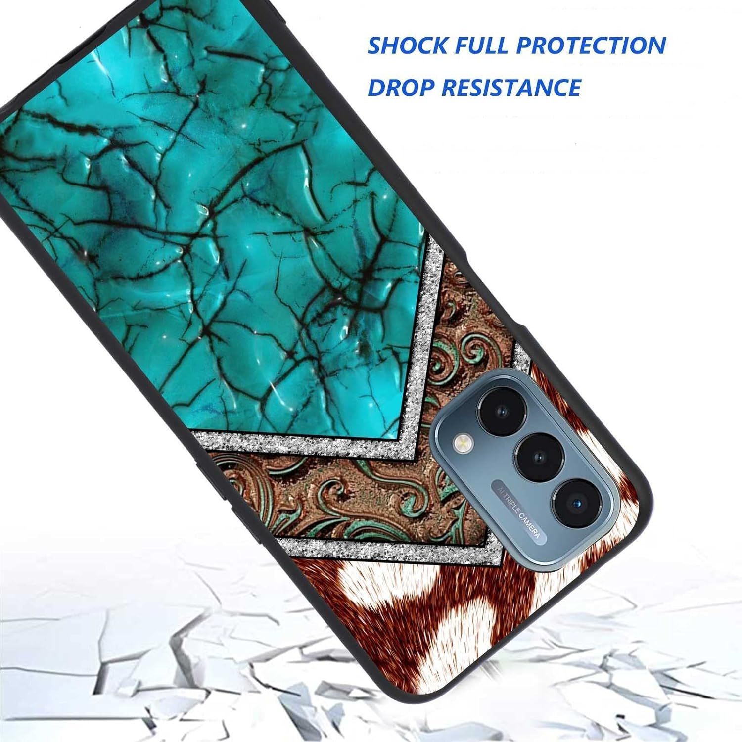 KSHSAA Designed for Oneplus Nord N200 5G Western Case, Western Cowhide Turquoise and Brown Animal Print for Oneplus Case Women Men, Soft Silicone Shockproof Fashion Case for Oneplus  KSHSAA   
