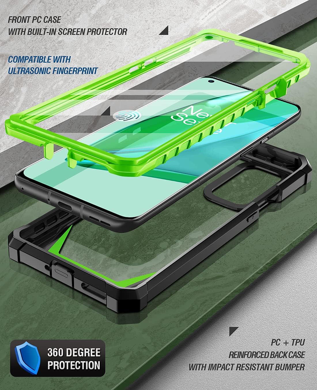 Poetic Guardian Case Designed for Oneplus 9 Pro 5G, Built-In Screen Protector Work with Fingerprint ID, Full Body Hybrid Shockproof Bumper Cover Case, Green/Clear  Poetic   