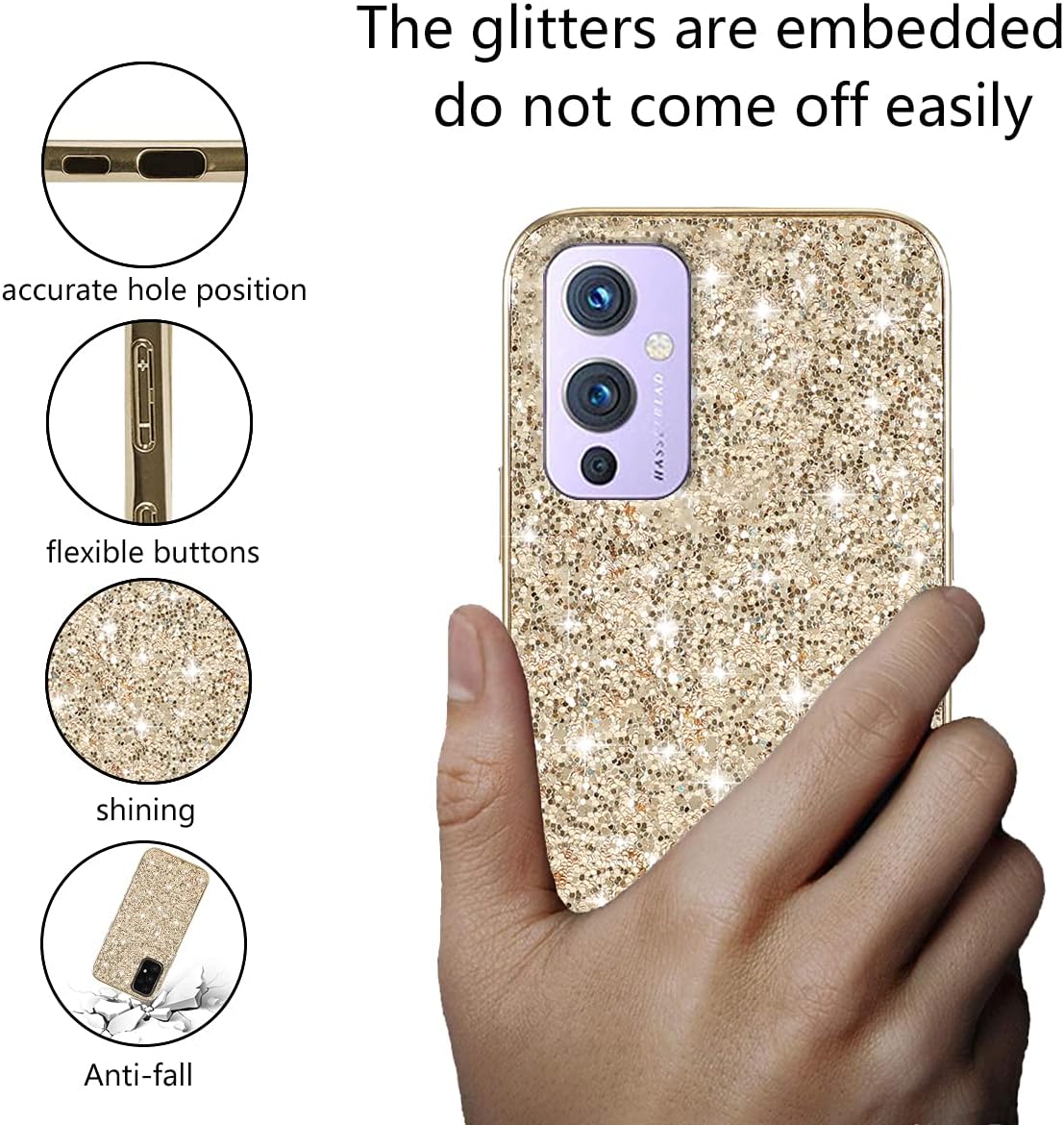 Compatible with Oneplus 9 Case Glitter Shockproof,Oneplus 9 Phone Case Bling Sparkly Soft TPU and PC Silicone Shiny Girl Women Thin Protective Cover (Gold)  Wousunly   