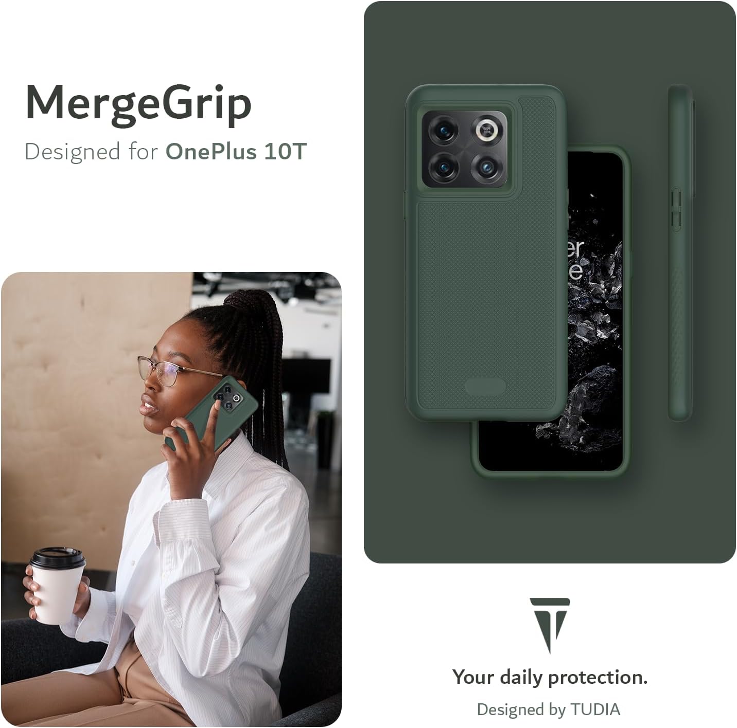TUDIA Dualshield Grip Designed for Oneplus10T Case 5G, [Mergegrip] Shockproof Military Grade Slim Dual Layer Protection for Oneplus 10T 5G Case - Pine Green  TUDIA   