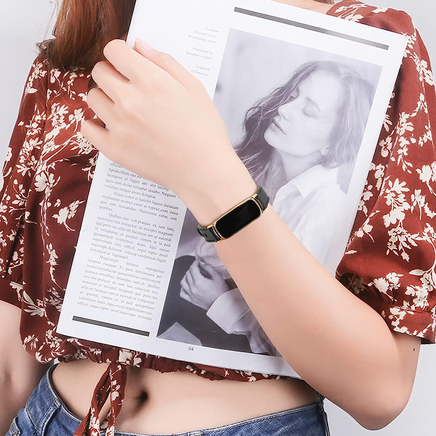 Wizvv Compatible with Fitbit Luxe Bands for Women, Elegant Slim Soft Leather Strap Wristband Bracelet Replacement for Fitbit Luxe Fitness Tracker (Black+Gold)  Wizvv   