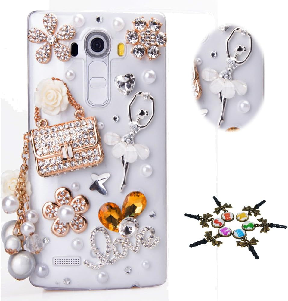 STENES LG G7 Case, LG G7 Thinq Case - STYLISH - 100+ Bling Crystal - 3D Handmade Bling Heart Pendant Butterfly Flowers Design Protective Cover Case for LG G7 Thinq - Colorful  STENES Ballet Girl Bag Pearl Pendant Flowers / Crystal  