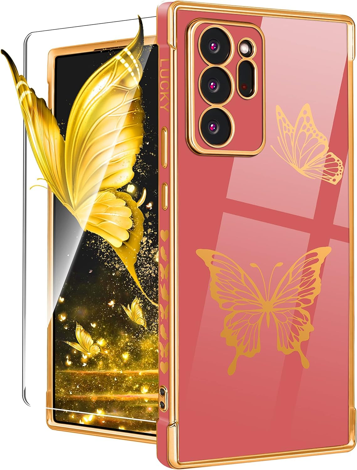 Coralogo for Samsung Galaxy Note 20 Ultra Case Butterfly for Women Girls Girly Pretty Phone Cases Cute Blue Gold Plating Butterflies Design with Screen Aesthetic Cover for Galaxy Note 20 Ultra 5G 6.9"  Coralogo 1-Red  