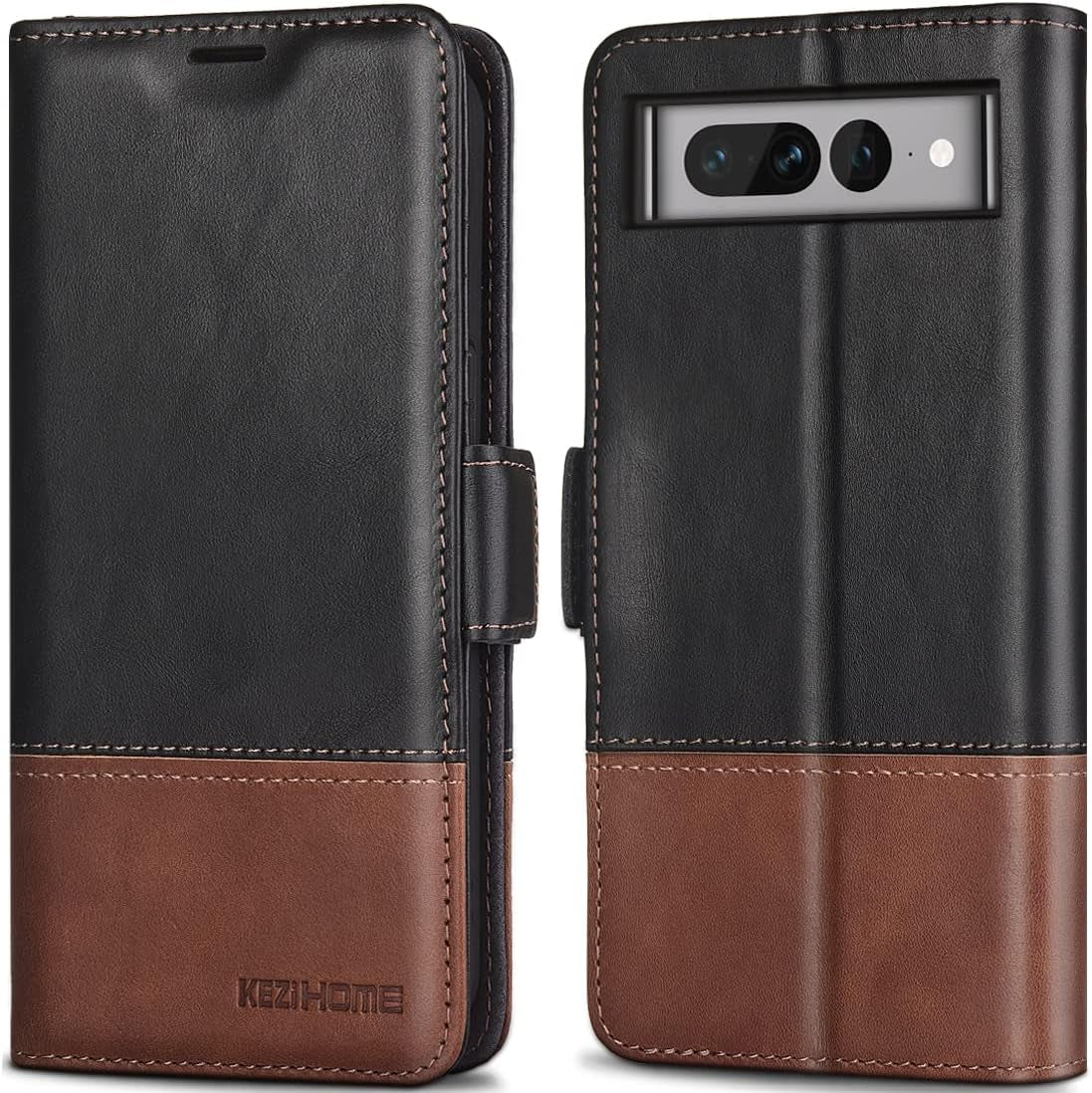 Kezihome Case for Google Pixel 7A, Genuine Leather Wallet Case with Card Holder [RFID Blocking] Kickstand Flip Protective Heavy Duty Phone Cover for Google Pixel 7A 5G 2023 (Red/Brown)  KEZiHOME Black/Brown Google Pixel 7 Pro 