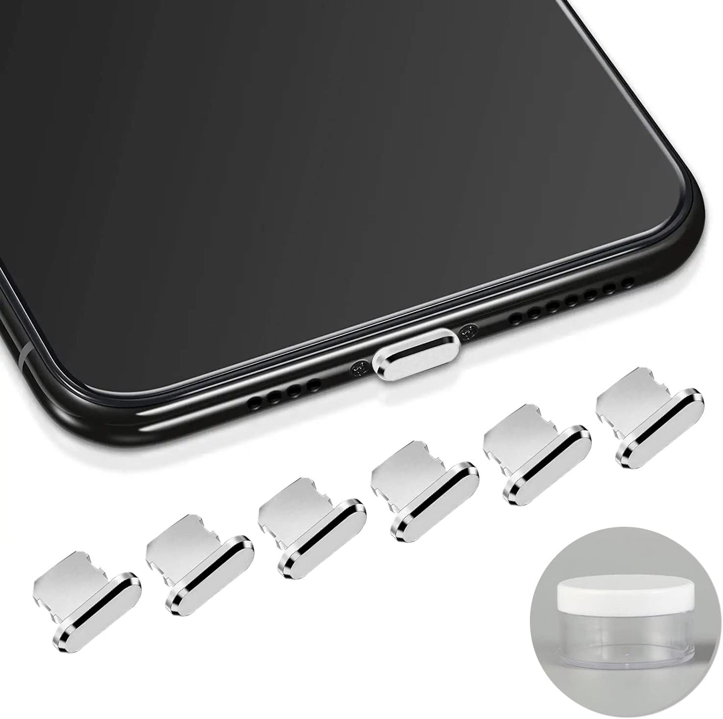 6-Pack Aluminum Anti-Dust Plugs for Iphone 13 12 Pro Max 11 XR XS 7 8 plus Airpods Dust Cover for Lightning Charging Port with Mini Storage Case (Black)  LYRYBEYCA Silver  