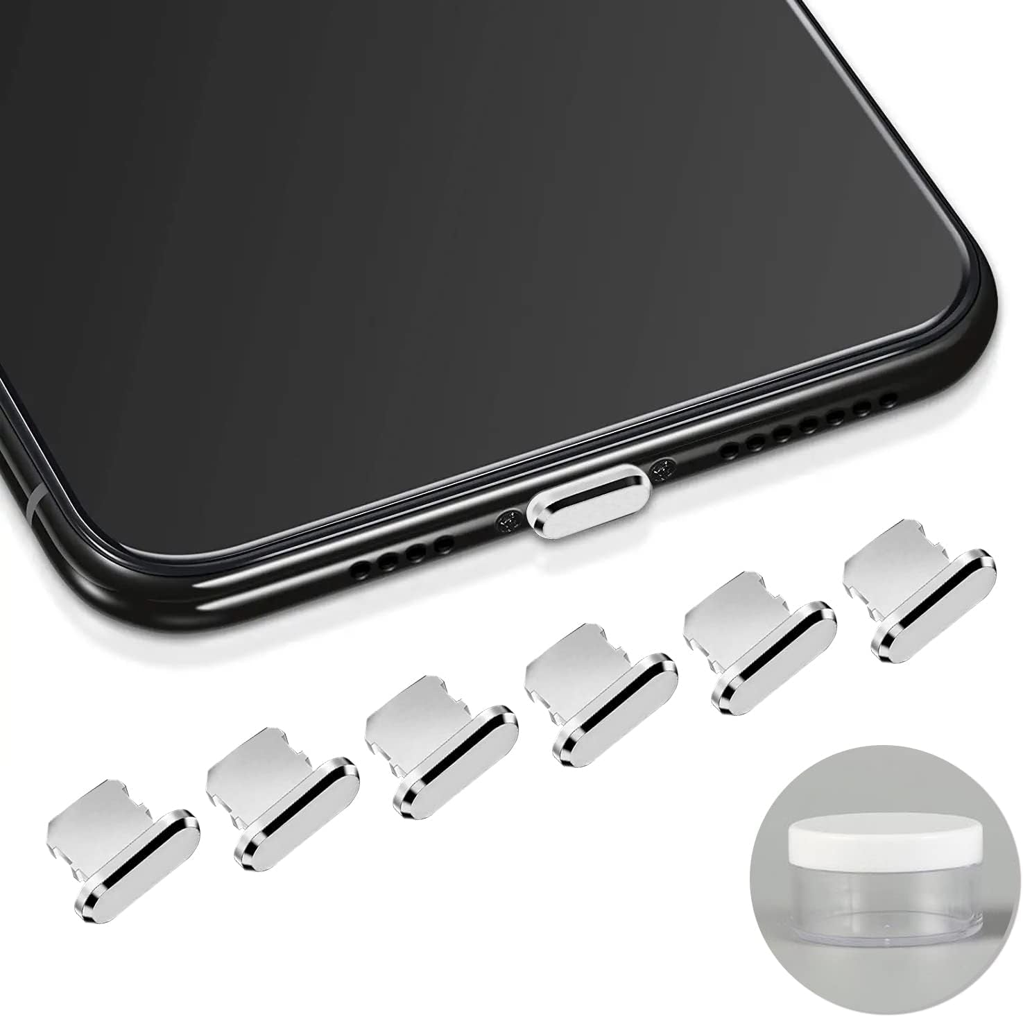 6-Pack Aluminum Anti-Dust Plugs for Iphone 13 12 Pro Max 11 XR XS 7 8 plus Airpods Dust Cover for Lightning Charging Port with Mini Storage Case (Black)  LYRYBEYCA Silver  