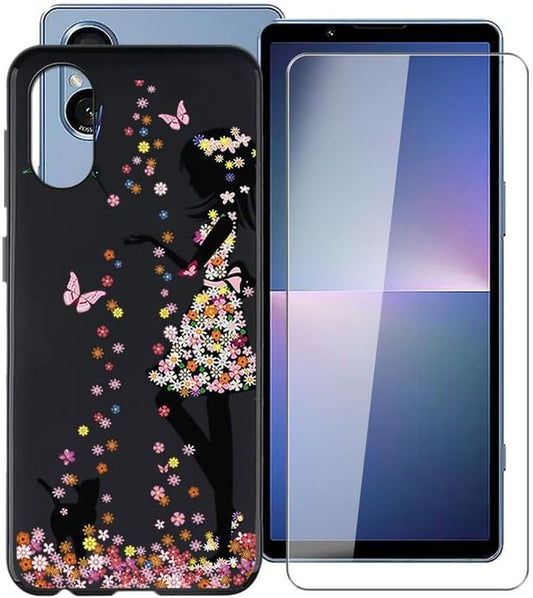WIMSPEED Black Soft TPU Bumper Phone Case for Sony Xperia 5 V (6.1") with 1 X Tempered Glass Screen Protector, Slim Silicone Shockproof Cover for Sony Xperia 5 V - Girl  WIMSPEED   