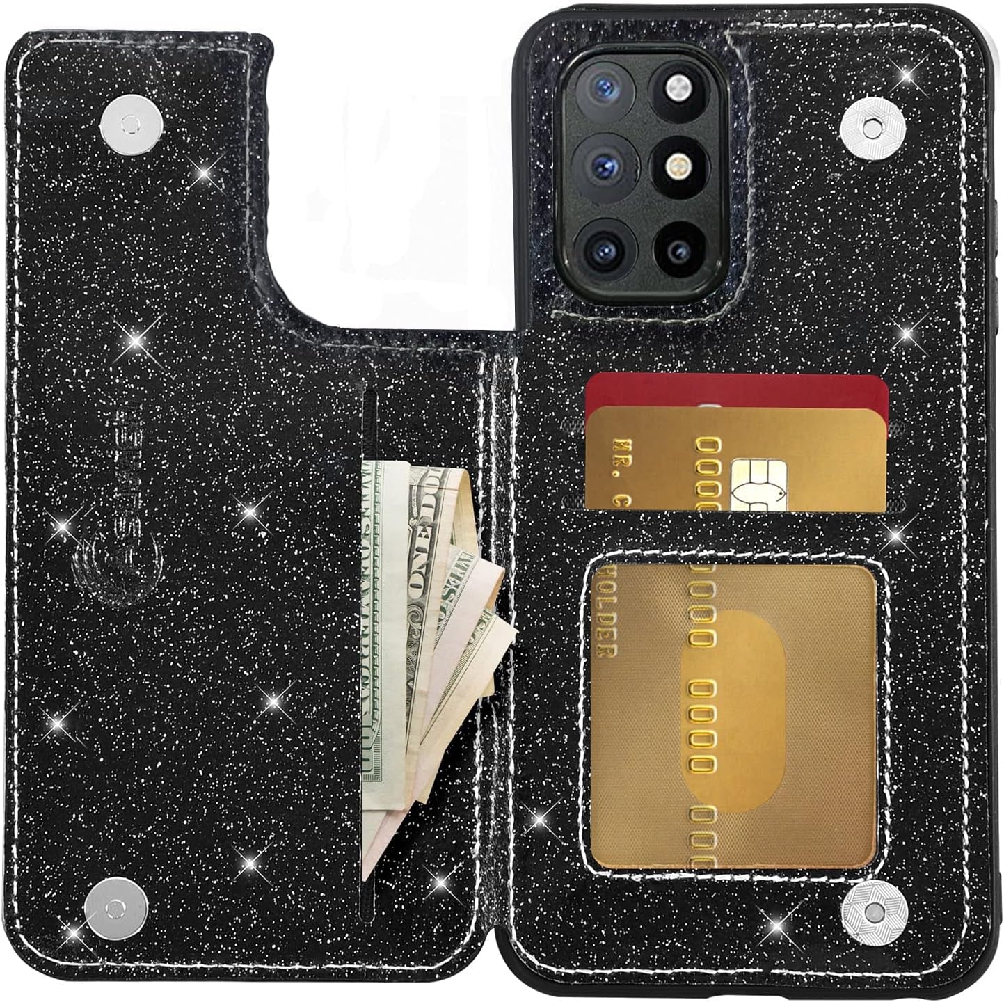 Asuwish Phone Case for Oneplus 8T Oneplus8T plus 9R 5G Wallet Cover with Screen Protector and Card Holder Bling Glitter Cell One Plus8T5G on + 1 plus 8Tplus 1Plus 8T+ One+ T8 1+ 1+8T Pro G5 Black  Asuwish   