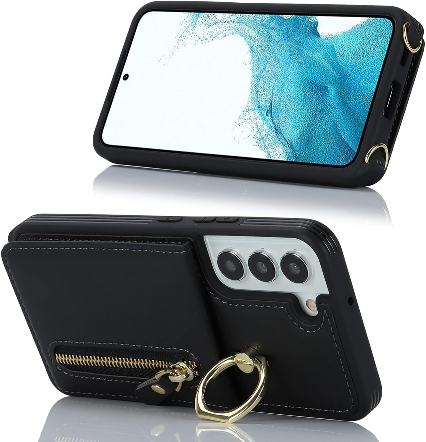 Jaorty Samsung Galaxy S22 5G Phone Case for Women with Card Holder,Samsung S22 Case Wallet Crossbody Lanyard with Strap,Credit Card Slots Kickstand Case with Ring Holder,6.1 Inch,Black  Jaorty   