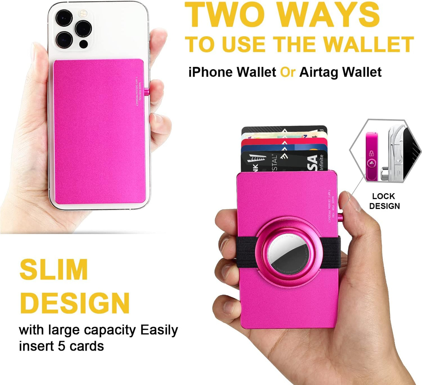 T-MFY Aluminum Card Holder with Snap-On Airtag Band&Expansion Board for Men - Slim Minimast RFID Blocking Magnetic Card Holder for 13 Credit Cards,Rose Red  T-MFY   